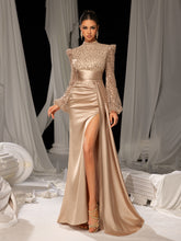 Elegant Satin Evening Gown with High Slit & Crystal-Embellished Sleeves – Luxurious Backdrop for High-End Wedding Receptions or Charity Galas, XS-XL